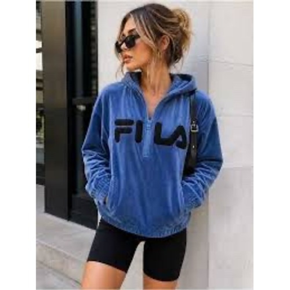 Fila Women Blue Velour Half-Zip Hoodie Sweatshirt Embroidered Logo Small
